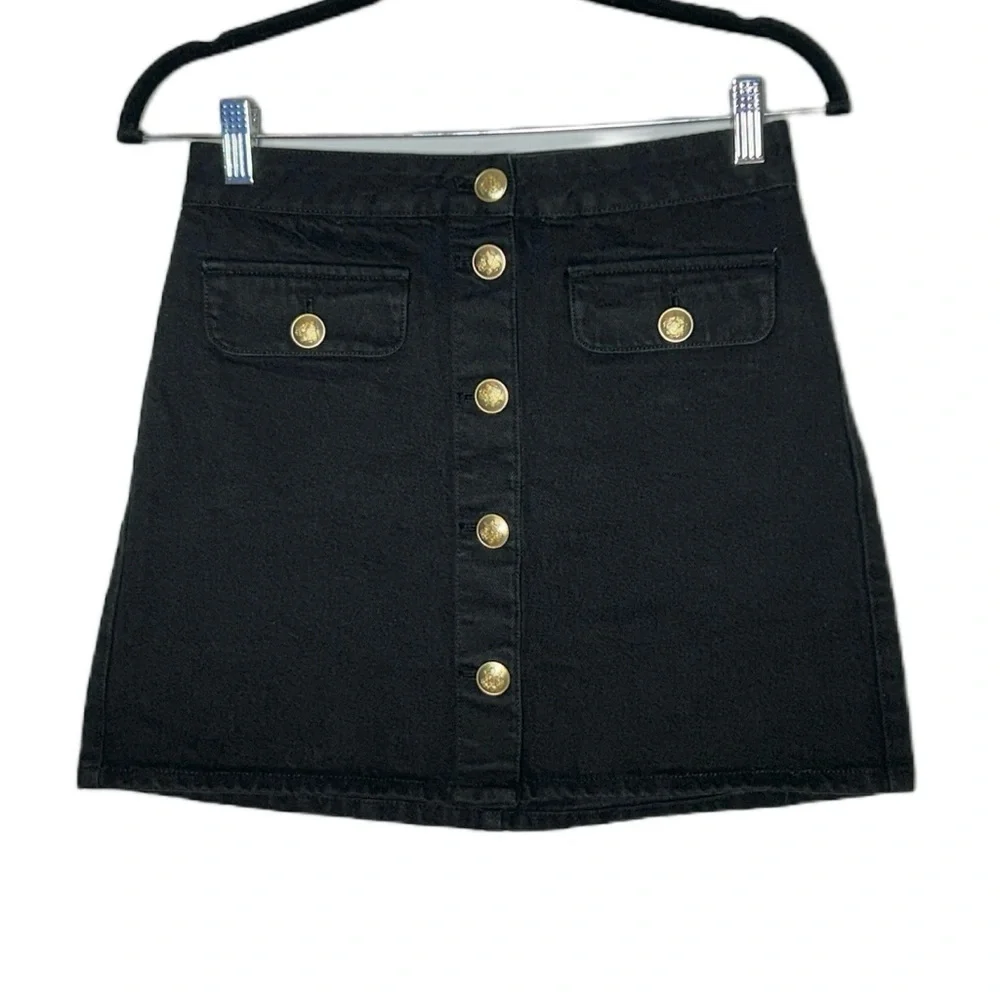 NWT J. Crew Black Denim Button-Up Mini Skirt, Gold Crest Buttons, Sizes 00, 0, 2